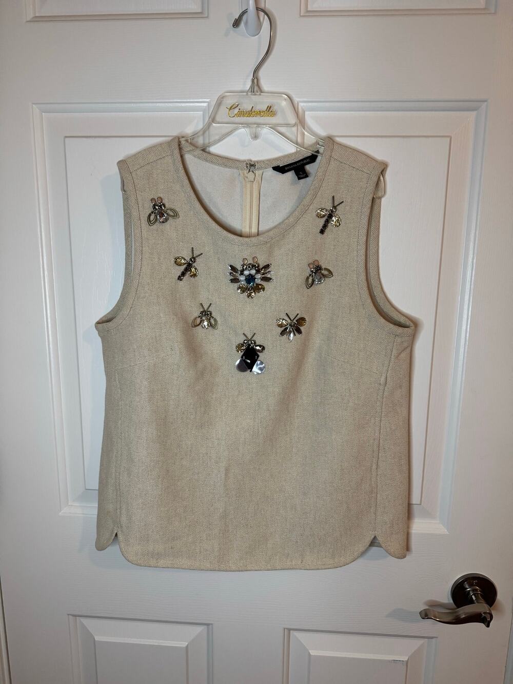 Banana Republic Jewel Bees Dragonflies Cotton Linen Sleeveless Oatmeal Tan Top S